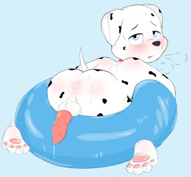 anthro balls blush bodily_fluids butt cum cum_in_ass cum_inside erection genital_fluids genitals male nude open_mouth pawpads paws penis pool_float pool_toy precum shota simple_background solo tail young young_anthro young_male filler3545 paw_patrol marshall_(paw_patrol) canid canine canis domestic_dog mammal absurd_res hi_res