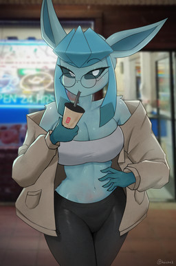anthro anthrofied big_breasts blue_body blue_fur blue_hair breasts cleavage clothed clothing container cup drinking drinking_straw eyewear female front_view fur glasses hair jacket leggings legwear looking_at_viewer midriff pokemorph round_glasses solo store topwear wide_hips kaiske2 nintendo pokemon eeveelution generation_4_pokemon glaceon pokemon_(species) absurd_res hi_res