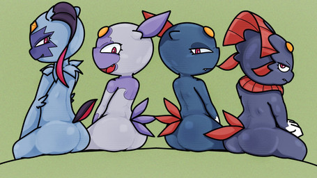 anthro blue_body blue_fur bubble_butt butt eyelashes facial_markings fangs female forehead_gem frown fur gem green_background group head_markings looking_at_viewer looking_back looking_back_at_viewer markings narrowed_eyes open_mouth open_smile purple_body purple_fur rear_view red_eyes simple_background sitting smile snaggle_tooth teeth thick_thighs wide_hips canacrow nintendo pokemon generation_2_pokemon generation_4_pokemon generation_8_pokemon hisuian_form hisuian_sneasel pokemon_(species) regional_form_(pokemon) sneasel sneasler weavile 16:9 hi_res widescreen