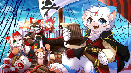 anthro anthro_focus big_eyes biped black_body black_fur blue_eyes boat cute_fangs fangs feral fur green_eyes group kemono looking_at_viewer male orange_body orange_fur pirate red_body red_fur slim_anthro slim_male teeth vehicle watercraft white_body white_fur hlg7777 mythology rugin ailurid canid canine dragon fox furred_dragon furred_scalie mammal mythological_creature mythological_scalie red_panda scalie 2020