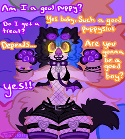 andromorph anthro bdsm bed bottomwear clothing collar dialogue female furniture garter_straps intersex leash legwear lingerie looking_at_viewer lying petplay pillow puppyplay roleplay shorts solo stockings text toastlotl trans_(lore) trans_man_(lore)