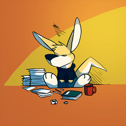 anthro black_clothing black_nose black_topwear blue_bottomwear blue_clothing book bottomwear clothed clothing container cup eyes_closed fur male male_anthro mug paper pencil simple_background sitting solo topwear white_body white_fur yellow_body yellow_fur solaxe_(artist) solaxe kangaroo macropod mammal marsupial 1:1