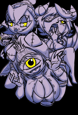 1_eye big_breasts breasts clothed clothing duo female group hair horn huge_breasts looking_at_viewer not_furry open_mouth simple_background smile tongue tongue_out jyto cyclops demon humanoid mammal yeti digital_media_(artwork)