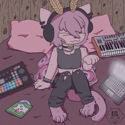 anthro bed belt biped bottomwear bracelet cd choker claws clothing computer denim denim_bottomwear denim_clothing electronics exposed_belly female female_anthro front_view fur furniture hair headphones insect_wings jeans jewelry laptop lepidopteran_wings musical_instrument necklace pants pawpads piercing pillow pink_body pink_fur pink_hair sitting solo tail topwear torn_bottomwear torn_clothing torn_jeans torn_pants wall_(structure) wings wood wood_wall mun-shipu arthropod domestic_cat felid feline felis hybrid insect lepidopteran mammal moth 1:1 hi_res