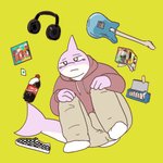 anthro black_headphones book bottomwear clothed clothing electronics grey_headphones headphones hoodie humanoid_hands kemono male multicolored_headphones musical_instrument pants simple_background sitting solo topwear two_tone_headphones bonedra coca-cola fish marine shark 1:1 2020 hi_res