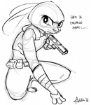 anthro belt clothing crouching female gun handgun holding_gun holding_object holding_ranged_weapon holding_weapon looking_at_viewer pistol police police_uniform ranged_weapon simple_background solo text uniform utility_belt weapon alec8ter conditional_dnp disney zootopia judy_hopps lagomorph leporid mammal rabbit 2016 black_and_white english_text monochrome signature sketch