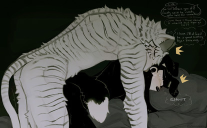 anal anal_penetration anthro bed bedding black_body black_fur caught_off_guard dialogue dipstick_tail duo floppy_ears fur furniture male male/male markings penetration raised_tail scared sex stealth_sex stripes surprised tail tail_markings text thought_bubble white_body white_fur x-ray_view cerberussenn kota_rai_(cerberussenn) lee_sweeto_(cerberussenn) canid canine canis felid mammal pantherine tiger wolf absurd_res english_text hi_res signature