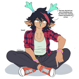 anthro antlers bored chest_tuft clothing crossed_legs crosslegged_pose eyelashes female freckled_face freckles front_view horn long_eyelashes piercing simple_background sitting talking_to_another tuft white_background tawman_art deltarune undertale_(series) dess_holiday deer mammal 1:1 absurd_res hi_res