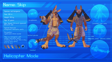 aircraft anthro black_pawpads bottomwear clothing cybernetics fingerless_gloves gloves handwear hat headgear headwear helicopter machine male pawpads shorts solo tan_bottomwear tan_clothing tan_gloves tan_handwear tan_hat tan_headwear tan_shorts tan_topwear tan_vest text topwear vehicle vest leo-artis skip_(kangaroo) cyborg kangaroo macropod mammal marsupial english_text model_sheet