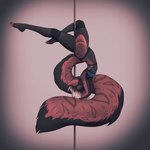 1:1 anthro black_body black_fur clothed clothing dancing digital_media_(artwork) felid female fur hi_res mammal multicolored_body panties pole pole_dancing shaded solo species_request stripper_pole suelix tail_around_pole two_tone_body underwear upside_down