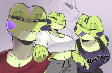 anthro big_breasts black_sclera bottomwear bra breasts cleavage clothed clothed_anthro clothed_female clothing countershading crop_top drawstring_bottomwear drawstring_pants drawstring_sweatpants eyes_closed facial_piercing female female_anthro fingers forked_tongue front_view glistening_eyelids green_body green_countershading green_skin green_tail grey_bottomwear grey_clothing grey_pants grey_sweatpants jersey lip_piercing markings midriff multiple_outfits multiple_poses navel non-mammal_breasts non-mammal_navel noseless one_eye_closed pants piercing pose purple_jersey purple_markings purple_tongue red_clothing red_shirt red_topwear shirt solo sports_bra sweatpants tail text text_on_clothing text_on_jersey text_on_topwear tongue tongue_out tongue_piercing topwear translucent translucent_clothing translucent_shirt translucent_topwear underwear white_clothing white_shirt white_topwear conditional_dnp sonokido ventura_city_drifters olea_nightshade amphibian frog 2024 digital_drawing_(artwork) digital_media_(artwork) hi_res portrait
