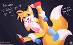 anthro anus balls bed blush canid canine clothing dialogue duo english_text floating_hands footwear forced fox furniture genitals gloves handwear hi_res imminent_rape imminent_sex lying male male/male mammal miles_prower on_back on_side patreon patreon_logo penis sega senz shoes sonic_the_hedgehog_(series) spread_legs spreading text twitter twitter_logo url