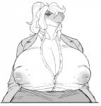 anthro big_breasts bodily_fluids breasts clothed clothing female huge_breasts hyper hyper_breasts lactating nipple_outline obese obese_anthro obese_female overweight overweight_anthro overweight_female solo laurel_dog yulara cetacean mammal marine hi_res monochrome