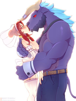 anthro beard belt big_breasts blue_hair bottomwear breast_squish breasts bride bulge clothing detailed_bulge duo ear_piercing ear_ring eye_contact facial_hair female french_kissing fur garter_straps genital_outline green_eyes hair horn kissing larger_anthro larger_male legwear lipstick looking_at_another makeup male male/female muscular muscular_anthro muscular_male nipples pants penis_outline piercing pink_nipples purple_body purple_fur red_eyes red_hair red_lipstick ring_piercing size_difference smaller_female smaller_human squish tail thigh_highs white_clothing white_legwear white_thigh_highs lewdvelli european_mythology greek_mythology league_of_legends mythology riot_games tencent alistar_(lol) katarina_du_couteau_(lol) bovid bovine human mammal minotaur 2025 3:4 hi_res