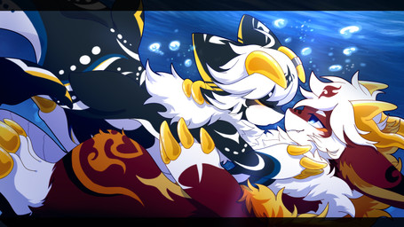 2_horns anthro big_eyes biped black_body black_fur blue_eyes blush blush_lines cute_fangs duo fangs fur hair horn kemono male red_body red_fur slim_anthro slim_male teeth underwater water white_body white_fur white_hair hlg7777 mythology dragon furred_dragon furred_scalie mythological_creature mythological_scalie scalie 16:9 2020 4k absurd_res hi_res widescreen