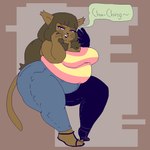 1:1 2018 ankama anthro bangs belly belly_squish big_belly big_breasts big_butt big_cheeks biped bottomwear breasts brown_background brown_body brown_hair butt chubby_cheeks cleavage clothed clothing curvy_figure denim denim_bottomwear denim_clothing dialogue digital_media_(artwork) dofus double_chin ecaflip felid female footwear freckled_face freckles full-length_portrait hair holding_hair huge_butt huge_hips jeans long_hair looking_at_viewer mammal miranda_(wakfu) narrowed_eyes obese obese_anthro obese_female open_mouth open_smile orange_eyes overweight overweight_anthro overweight_female pants pattern_clothing pattern_shirt pattern_topwear pixel_(artwork) portrait shirt shoes side_view simple_background smile smug solo speech_bubble squish striped_clothing striped_shirt striped_topwear stripes tail talking_to_viewer teeth thick_thighs topwear touching_hair wakfu whiteraff wide_hips