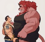 abs anthro ball_grab balls blush bulge_grab clothing duo genitals horn leotard male male/male mane muscular muscular_anthro muscular_male nipples pecs pink_body size_difference othukimi crave_saga gungnir_(crave_saga) demon human mammal