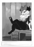 anthro breasts chest_tuft clothed clothing desk female furniture genitals looking_at_viewer partially_clothed photo presenting pussy solo table tuft wiess nintendo pokemon braixen generation_6_pokemon pokemon_(species) 2019 monochrome