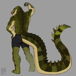 anthro bottomwear butt clothed clothing flexing green_body green_scales looking_back male muscular muscular_anthro muscular_male open_mouth scales solo teeth topless topless_male underwear yellow_eyes cryptid_jhin crocodile crocodilian reptile scalie absurd_res hi_res