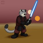 anthro biped blue_eyes blue_lightsaber clothed clothing cosplay crossover_cosplay grey_body humanoid_hands lightsaber male melee_weapon scar solo weapon hubie360 brok_the_investigator cowcat_games star_wars anakin_skywalker graff_filsh domestic_cat felid feline felis mammal 1:1 2024 crossover hi_res