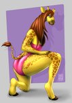 2_toes 5_fingers anthro blue_eyes brown_hair clothing digitigrade feet female fingers hair horn kneeling looking_at_viewer on_one_knee one-piece_swimsuit ossicone solo swimwear toes dragomyrbr crosoe_(xial) giraffe giraffid mammal hi_res