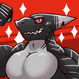 anthro barazoku black_body dorsal_fin dorsal_fin_scar fin grey_body grey_lines looking_at_viewer male multicolored_body muscular muscular_male pose smile sparkles tail haha-yea negashark aquatic fish shark 1:1 2026 hi_res