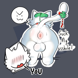 >:3 accessory anthro anus balls blush blush_lines bodily_fluids butt butt_focus colar duo fur furgonomics genitals grey_background leaf male oral_request presenting presenting_hindquarters puffy_anus requesting sex_request simple_background sweat sweatdrop tail tail_accessory talking_to_viewer white_body white_fur f_d_e_i_a anon domestic_cat felid feline felis mammal 1:1 hi_res