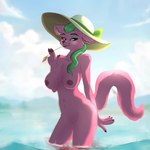 anthro areola breasts chewing_grass clothing female fur genitals green_hair hair hat hat_only headgear headgear_only headwear headwear_only holding_object looking_at_viewer mostly_nude nipples outside partially_submerged pink_body pink_fur simple_background smile solo standing sun_hat tail teeth water el-gallo domestic_cat felid feline felis mammal 1:1 2024 digital_media_(artwork) hi_res