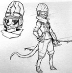 ambiguous_gender anthro bow_(weapon) clothed clothing compound_bow fur looking_aside looking_at_viewer ranged_weapon simple_background solo standing weapon white_background maystrine_(artist) biomutant mammal 2021 hi_res monochrome sketch