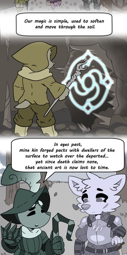 anthro armor dialogue duo fantasy male melee_weapon simple_coloring sword text weapon critters_of_evervail liam_(critters_of_evervail) volf_(critters_of_evervail) canid canine canis coyote eulipotyphlan mammal mole_(animal) absurd_res comic english_text hi_res long_image tall_image