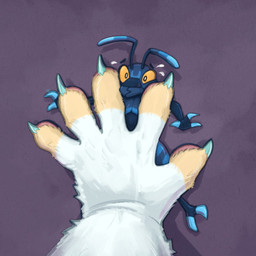 2_toes 3_fingers 5_fingers ambiguous_gender antennae_(anatomy) anthro biped black_eyes blue_body blue_claws blue_finger_claws bodily_fluids caught claws duo eyebrows feet finger_claws fingerless_(marking) fingers floating_eyebrows high-angle_view looking_at_viewer multicolored_antennae pupils purple_background raised_inner_eyebrows simple_background size_difference sweat teal_claws teal_finger_claws toes white_pupils yellow_sclera eekanant eek_(eekanant) ambiguous_species ant arthropod hymenopteran insect 1:1 2026 digital_media_(artwork) hi_res