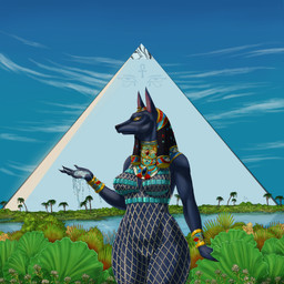accessory ancient_egyptian_beadnet_dress ankh anthro brace breasts clothing egyptian egyptian_clothing egyptian_headdress eye_of_horus female nemes nile pyramid solo usekh water sickjoe snekguy canid canine canis jackal mammal 1:1 absurd_res book_cover cover hi_res