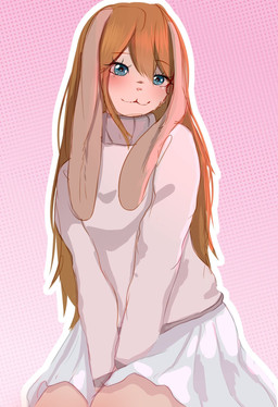 anthro bottomwear clothing female hair long_ears long_hair simple_background sitting skirt solo sweater topwear turtleneck yourumi alice_(bestestbunbun) lagomorph leporid mammal rabbit hi_res