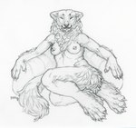 anthro arm_tuft barbell_piercing big_feet big_hands breasts chest_tuft claws eyes_closed feet female female_anthro fluffy fluffy_arms fluffy_legs fluffy_tail leg_tuft mane neck_tuft nipple_barbell nipple_piercing nipples nude paws piercing pillow sitting small_breasts smile solo tail tail_tuft tasteful_nudity tuft wide_hips maoshan felid feline mammal 2022 dated graphite_(artwork) hi_res line_art monochrome shaded traditional_media_(artwork)