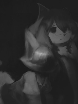 anthro bangs black_hair black_horn black_nose chest_tuft clothing duo empty_eyes eyewear female glasses grey_body grey_clothing grey_ears grey_hair grey_tail hair horn kemono leaning leaning_forward looking_forward mouth_closed pointy_ears prick_ears short_tail standing tail topwear tuft white_clothing hasukii hazuki_mikami_(hasukii) bovid canid canine caprine goat mammal 3:4 character_request monochrome