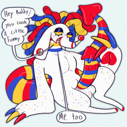 anthro balls big_balls big_penis black_eyelids blue_eyelashes blue_stripes claws clown clown_nose dialogue ear_piercing erection eyelashes freckled_arms freckled_balls freckled_face freckled_legs freckled_shoulders freckled_thighs freckles gauged_ear genitals glistening_eyelids hair half-closed_eyes hooves huge_balls huge_penis lips long_tail looking_at_viewer male markings monster_penis multicolored_hair narrowed_eyes nude open_mouth penis piercing pupils red_hooves red_lips red_pupils red_stripes sharp_teeth sitting smile solo spade_tail speckled_body speech_bubble spiked_penis spikes spikes_(anatomy) striped_genitalia striped_markings striped_neck striped_penis striped_tail stripes tail tail_markings teeth text white_arms white_balls white_body white_legs yellow_sclera yellow_stripes plentyofsoup werm_(plentyofsoup) canid canine demon hybrid mammal 1:1 absurd_res digital_media_(artwork) english_text handwritten_text hi_res