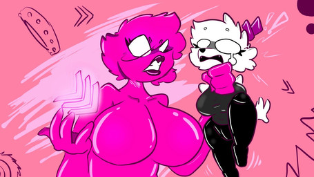 anthro black_bottomwear black_clothing black_pants bottomwear clothed clothing duo eyelashes female female/female fur hair hat headgear headwear lips neck_grab pants pink_body pink_hair portal purple_clothing purple_hat purple_headwear saw spikes tools white_body white_fur white_hair lunnybunny19 geometry_dash trainny_(lunnybunny19) humanoid 16:9 widescreen