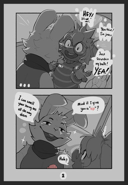 anthro biped bodily_fluids border buckteeth clothed clothing dialogue duo erection eyebrows fingers fur genitals glans grey_border male open_mouth penis question_mark sound_effects speech_bubble sweat teeth text topwear munie lagomorph leporid mammal rabbit comic english_text hi_res