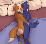 absurd_res anthro avian beak bed blue_body blue_feathers butt dipstick_tail duo eyes_closed falco_lombardi feathers fox_mccloud fur furniture hi_res kissing lying male male/male markings multicolored_tail nintendo nude on_side pillow star_fox starrffax tail tail_markings