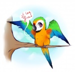 ambiguous_gender beak dialogue feathered_wings feathers feral heart_symbol looking_at_viewer plant solo text tree wings wood ghirardelli ara_(genus) avian bird blue-and-yellow_macaw macaw neotropical_parrot parrot true_parrot english_text signature