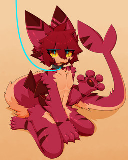 4_fingers 4_toes anthro arm_markings arm_support arm_tuft blue_leash blue_pupils collar crotch_tuft elbow_tuft eye_through_hair eyebrow_through_hair eyebrows facial_markings facial_tuft feet fin fingers fluffy fluffy_tail fur fur_markings gills glistening glistening_body hair head_fin head_markings kneeling leash leg_markings looking_at_viewer male markings multicolored_eyes open_mouth orange_body orange_eyes orange_fur pawpads pointy_ears pupils red_body red_eyes red_fin red_fur red_hair red_pawpads shark_tail shoulder_tuft solo striped_ears tail tail_markings tail_tuft toes translucent translucent_hair tuft yellow_sclera gaogomon gaogomon_(oc) aquatic fish furred_kobold furred_scalie furred_shark hybrid kobold scalie shark 2025 absurd_res hi_res