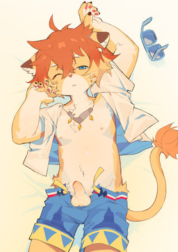 5_fingers ahoge anthro areola balls bangs bedding bedding_background belly_tuft blonde_highlights blue_bottomwear blue_clothing blue_eyes blue_eyewear blue_shorts blue_sunglasses blush blush_lines bottomwear brown_claws brown_ear_tips chest_tuft claws clothed clothed_anthro clothed_male clothing countershade_arms countershade_balls countershade_face countershade_fur countershade_genitalia countershade_hands countershade_penis countershade_torso countershading dakimakura dipstick_ears ear_markings eyebrows eyewear finger_claws fingerpads fingers front_view fur genitals glans hair hair_between_eyes hand_above_head highlights_(coloring) humanoid_genitalia humanoid_penis inner_ear_fluff jewelry kemono looking_at_viewer looking_up looking_up_at_viewer male male_anthro multicolored_body multicolored_bottomwear multicolored_clothing multicolored_ears multicolored_fur multicolored_shorts narrowed_eyes navel navel_tuft necklace nipples one_eye_closed open_bottomwear open_clothing open_mouth open_shorts orange_glans orange_hair orange_tail_tuft orange_tuft pawpads penis pink_areola pink_nipples pink_nose pink_pawpads shirt shorts small_penis solo sunglasses tail tail_tuft tired topwear tuft two_tone_body two_tone_fur whiskers white_body white_clothing white_countershading white_eyebrows white_fur white_inner_ear white_inner_ear_fluff white_sclera white_shirt white_topwear white_tuft white_whiskers yellow_body yellow_fur young young_anthro young_male yanglai_miz cygames world_flipper teo_(world_flipper) felid lion mammal pantherine absurd_res dakimakura_design hi_res portrait three-quarter_portrait