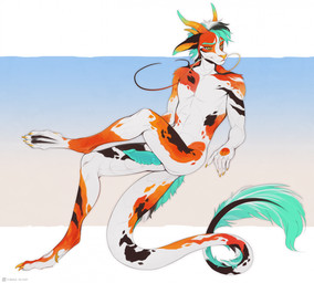 anthro black_body blue_background erection featureless_chest fur genitals gradient_background green_body green_fur horn knot knotted_penis male multicolored_body nude_anthro nude_male orange_body penis simple_background solo tail tail_tuft tan_background tuft white_background white_body sobakasatany mythology amur_carp aquatic carp cyprinid cypriniform dragon fish koi mythological_creature mythological_scalie scalie typical_carp hi_res