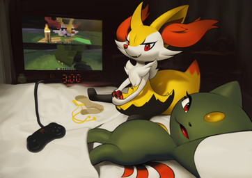 ambiguous_anthro ambiguous_gender anthro arm_tuft bed biped black_body black_fur black_nose cheek_tuft chest_tuft controller detailed_background dipstick_tail duo eyelashes facial_tuft featureless_chest featureless_crotch flat_chested flesh_fang forehead_gem fur furniture gaming gem hip_tuft inner_ear_fluff inside looking_at_viewer lying markings multicolored_body multicolored_fur nude_ambiguous nude_anthro on_back on_bed open_mouth open_smile orange_body orange_fur orange_inner_ear_fluff orange_nose orange_tail_tip playing_video_game pointy_ears prick_ears red_eyes red_tail selfie shoulder_tuft side_view sitting smile tail tail_markings tapering_snout tongue tuft two_tone_tail white_body white_fur yellow_body yellow_fur yellow_tail inkune microsoft minecraft mojang nintendo pokemon xbox_game_studios braixen canid generation_2_pokemon generation_6_pokemon mammal pokemon_(species) sneasel 2020 colored digital_drawing_(artwork) digital_media_(artwork) shaded