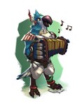 accordion anthro beak blue_body brown_beak clothed clothing glistening glistening_eyes holding_musical_instrument holding_object male musical_instrument open_mouth playing_music simple_background solo standing white_body yellow_eyes timmothy_arts breath_of_the_wild nintendo the_legend_of_zelda kass_(tloz) avian rito 4:5 full-length_portrait hi_res portrait