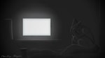 anthro bed bodily_fluids crying curled_up depression electronics fetal_pose furniture hand_on_head head_down inside machine male monitor on_bed sad solo tears planetary_mayor mathew_bailey protogen 16:9 monochrome shaded simple_shading widescreen