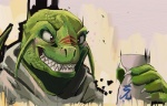 alcohol anthro beverage claws clothing drinking fangs food green_body green_scales hoodie male sake scales smile solo stripes teeth topwear keto toki_(character) lizard reptile scalie 14:9 2011 bust_portrait portrait