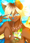 alternative_fashion anthro beach beverage blue_eyes blue_nose brown_body brown_fur detailed_background fur gyaru holding_beverage holding_object j-fashion long_nails male shark_tooth_necklace solo star_eyes r4dical_trickster garuo bat mammal hi_res