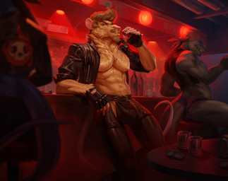 5_fingers abs alcohol anthro athletic athletic_anthro athletic_male bar_counter beard beverage bottle brown_body brown_fur brown_hair cheek_tuft cigarette claws clothed clothing container counter crotch_tuft drinking facial_hair facial_tuft finger_claws fingers fur glass gloves goatee group hair handwear inside jacket kerchief leather leather_clothing leather_jacket leather_topwear long_tail looking_at_viewer male muscular muscular_anthro muscular_male navel nipples partially_clothed pecs pink_nose rat_tail red_kerchief red_light spiked_gloves spikes tail topwear tuft white_claws ben300 kaptain_spicy wererat_(ben300) mammal murid murine rat rodent werecreature wererat wererodent absurd_res hi_res