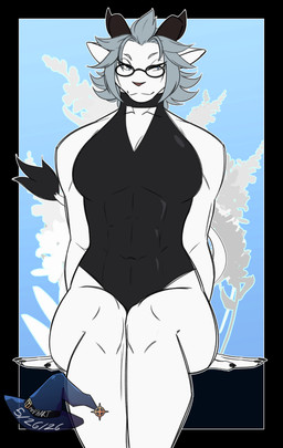 anthro claws clothing eyewear female glasses horn leotard muscular muscular_female sitting solo trevhart final_fantasy final_fantasy_xiv square_enix felid hrothgar lion mammal pantherine absurd_res hi_res